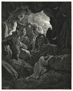 Gustave Doren Don Quijote: "Seurueet upseerien kanssa lähetetään ... jotka löytävät köyhän Leandran yhden vuoren luolasta" (kaiverrus) tekijältä Gustave Dore