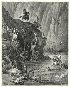 Gustave Doren Don Quijote: "Laaja kiehuva järvi, jossa ääretön joukko rajuja ja kauheita olentoja kulkee edestakaisin" (kaiverrus) tekijältä Gustave Dore