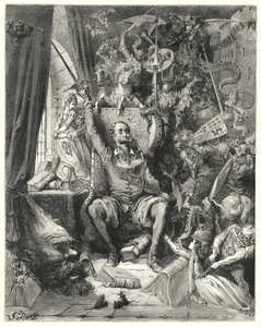 Gustave Doren Don Quijote: "Hänen kirjoistaan poimittujen, hänen mielikuvitukseensa tiivistettyjen järjettömien käsitysten maailma" (kaiverrus) tekijältä Gustave Dore