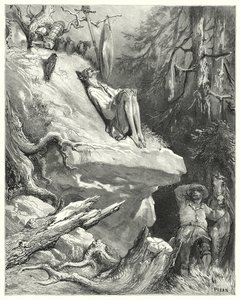 Gustave Doren Don Quijote: "Voi!" Sancho vastasi: "Löysin hänet paidassaan laihana, kalpeana ja melkein nälkäisenä, huokaisen Lady Dulcineaansa" (kaiverrus) tekijältä Gustave Dore
