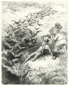 Gustave Doren Don Quijote: "Luolasta tuli ääretön määrä umpeen kasvaneita variksia ja aarteita ryntäen ja lepaten ulos luolasta" (kaiverrus) tekijältä Gustave Dore