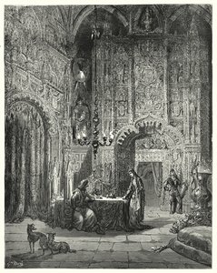 Gustave Doren Don Quijote: "Toinen neito tulee huoneeseen ja alkaa kertoa hänelle, mikä linna se on ja kuinka hän on lumoutunut siihen" (kaiverrus) tekijältä Gustave Dore