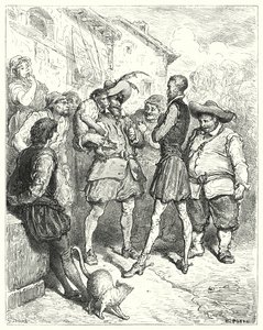 Gustave Doren Don Quijote: "Näistä sanoista Don Quijote hämmästyi" (kaiverrus) tekijältä Gustave Dore
