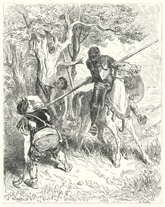 Gustave Doren Don Quijote: "Auringon paistaessa minulla on hyvä mieli juosta sinut vartalon läpi keihälläni" (kaiverrus) tekijältä Gustave Dore