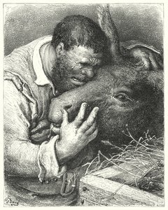 Gustave Doren Don Quijote: ""Tule tänne", hän sanoi, "ystäväni; sinä uskollinen kumppani ja osanottaja matkoillani ja kurjillani" (kaiverrus) tekijältä Gustave Dore