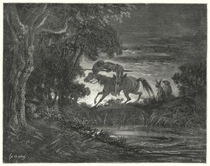 Gustave Doren Don Quijote: "Don Quijote hyppäsi hänen pelottoman sydämensä kanssa Rozinanteen kimppuun" (kaiverrus) tekijältä Gustave Dore
