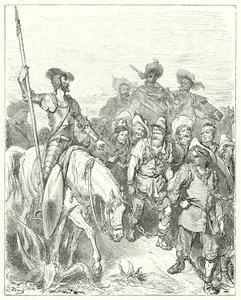 Gustave Doren Don Quijote: "Don Quijote kysyi ensimmäiseltä, mitä rikoksia hän oli näissä kurjissa olosuhteissa" (kaiverrus) tekijältä Gustave Dore