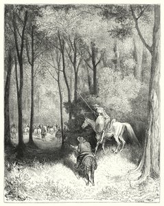 Gustave Doren Don Quijote: "Don Quijote kuvaili yritystä, jonka hän katsoi lähemmin laadukkaiksi henkilöiksi" (kaiverrus) tekijältä Gustave Dore