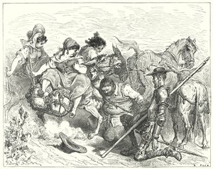 Gustave Doren Don Quijote: "Don Quijote katsoi epäilevin ja lohdullisin silmin olentoon, jota Sancho kutsui kuningattareksi ja naiseksi" (kaiverrus) tekijältä Gustave Dore