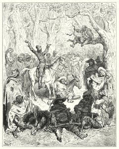 Gustave Doren Don Quijote: "Don Quijote, kiinnitetty Rozinanteen, joka vastustaa suuresti heidän elämäntapaansa" (kaiverrus) tekijältä Gustave Dore