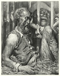 Gustave Doren Don Quijote: "Don Quijote ei ollut niinkään hämmästynyt lumoamisestaan kuin sen tavasta" (kaiverrus) tekijältä Gustave Dore