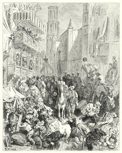 Gustave Doren Don Quijote: "Kiinnittäessään hänet keskelle prikaatiaan he johdattivat hänet kohti kaupunkia" (kaiverrus) tekijältä Gustave Dore