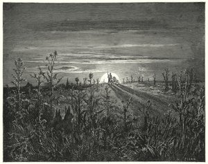 Gustave Doren Don Quijote: "Ystävä Sancho", sanoi Don Quijote, "Luulen, että lähestyvä yö ohittaa meidät ennen kuin pääsemme Tobosoon" (kaiverrus) tekijältä Gustave Dore