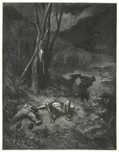 Gustave Doren Don Quijote: "Gines, joka oli vieras sekä kiitollisuudelle että ihmisyydelle, päätti ajaa pois Sanchon perseellä" (kaiverrus) tekijältä Gustave Dore
