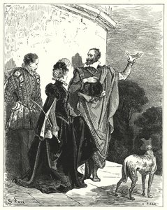 Gustave Doren Don Quijote: "Hän tutustutti herttuaan ja herttuattaren tunteisiinsa ja anoi heidän lupaa lähteä" (kaiverrus) tekijältä Gustave Dore