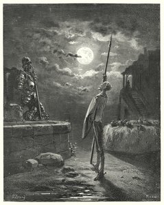 Gustave Doren Don Quijote: "Hän alkoi kävellä hevoskaukalon vieressä sirolla käytöksellä" (kaiverrus) tekijältä Gustave Dore