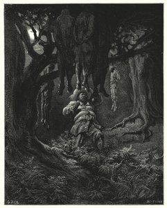 Gustave Doren Don Quijote: "Hän huusi Don Quijotea apua" (kaiverrus) tekijältä Gustave Dore