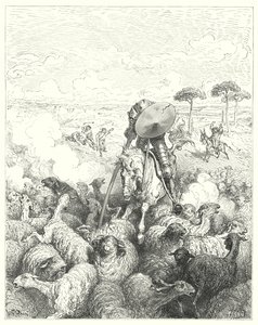 Gustave Doren Don Quijote: "Hän hyökkäsi lammaslentueen" (kaiverrus) tekijältä Gustave Dore