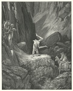 Gustave Doren Don Quijote: "Hän antoi kaksi tai kolme räyhää ilmaan ja sitten nojasi käsiinsä ja nosti kantapäänsä päänsä yli kahdesti yhteen" (kaiverrus) tekijältä Gustave Dore