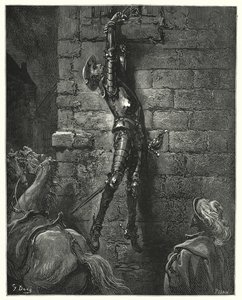 Gustave Doren Don Quijote: "Hän oli väistämättä pudonnut maahan, jos hänen ranteensa ei olisi ollut kunnolla kiinni köyteen" (kaiverrus) tekijältä Gustave Dore