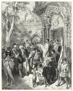 Gustave Doren Don Quijote: "Hän suuteli herttua ja herttuattaren kättä erossa ja sai herransa siunauksen" (kaiverrus) tekijältä Gustave Dore