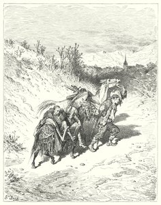 Gustave Doren Don Quijote: "Hän johdatti heidät kaikki kylään ja vaelsi jalkaa itsekseen hyvin mietteliäänä" (kaiverrus) tekijältä Gustave Dore
