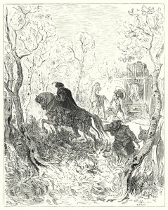 Gustave Doren Don Quijote: "Hän asettui juuri häkin oven eteen" (kaiverrus) tekijältä Gustave Dore