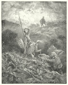 Gustave Doren Don Quijote: "Hän vakoili kivisen kallion huipulla juuri ennen häntä miestä, joka hyppäsi kalliolta kalliolle upealla ketteryydellä" (kaiverrus) tekijältä Gustave Dore