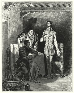 Gustave Doren Don Quijote: "Hän kertoi herroille koko tarinan hänen lumoutumisestaan" (kaiverrus) tekijältä Gustave Dore