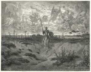 Gustave Doren Don Quijote: "Hän matkusti melkein koko sen päivän" (kaiverrus) tekijältä Gustave Dore