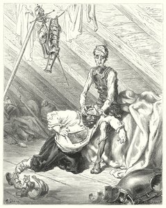 Gustave Doren Don Quijote: "Hän todella uskoi, että hänen viimeisen hetkensä oli tullut" (kaiverrus) tekijältä Gustave Dore