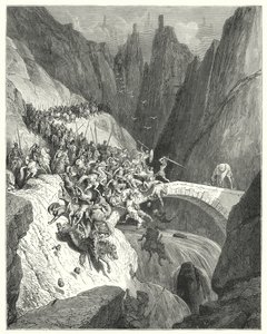 Gustave Doren Don Quijote: "Kuinka Don Diego Garcia puolusti yhdellä voimallaan sillan kulkua suurta armeijaa vastaan" (kaiverrus) tekijältä Gustave Dore