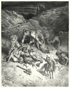 Gustave Doren Don Quijote: "Kuinka Felixmarte katkaisi viisi jättiläistä keskeltä" (kaiverrus) tekijältä Gustave Dore