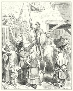 Gustave Doren Don Quijote: "Minulla ei ole mitään tekemistä tämän kaiken kanssa", huudahti majatalon isäntä; "maksa laskusi" (kaiverrus) tekijältä Gustave Dore