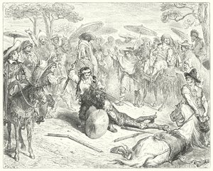 Gustave Doren Don Quijote: "Sylistä huolimatta hän löi häntä kuin vehnälyhde" (kaiverrus) tekijältä Gustave Dore