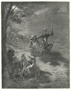 Gustave Doren Don Quijote: "Tällaisissa keskusteluissa he viettivät suuren osan yöstä" (kaiverrus) tekijältä Gustave Dore