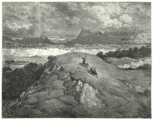 Gustave Doren Don Quijote: "Oli yö ennen kuin kaksi matkustajaamme pääsivät vuoren autioimpaan osaan" (kaiverrus) tekijältä Gustave Dore