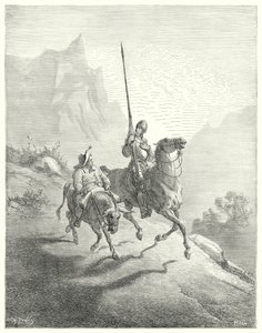 Gustave Doren Don Quijote: "Oli vielä aikainen aamu, jolloin auringonsäteet eivät olleet niin loukkaavia" (kaiverrus) tekijältä Gustave Dore