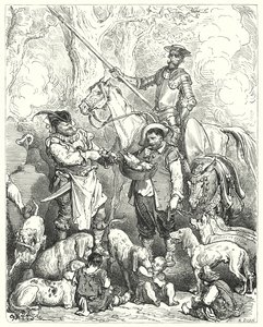 Gustave Doren Don Quijote: "Tee vaihto pysyäksesi vatsassasi, kunnes illallinen on valmis" (kaiverrus) tekijältä Gustave Dore
