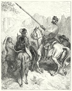 Gustave Doren Don Quijote: "Nyt, rouva", sanoi Don Quijote, "anna minun pyytää suuruuttanne kertomaan minulle, mihin suuntaan meidän on mentävä palvellaksemme sinua" (kaiverrus) tekijältä Gustave Dore