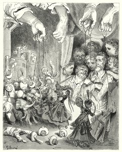 Gustave Doren Don Quijote: "Katso, kuinka suuri joukko kimaltelevia hevosia tulee ulos kaupungista jahtaamaan kristittyjä rakastajia" (kaiverrus) tekijältä Gustave Dore