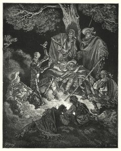 Gustave Doren Don Quijote: "Voi, onnellinen ikä", huudahti hän, "jota ensimmäiset vanhempamme kutsuivat kultakaudeksi!" (kaiverrus) tekijältä Gustave Dore