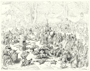 Gustave Doren Don Quijote: "Köyhä Sancho seurasi isäntänsä raskaalla sydämellä" (kaiverrus) tekijältä Gustave Dore