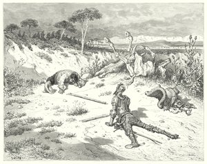 Gustave Doren Don Quijote: "Sancho, olen aina kuullut sanottavan, että ystävällisyyden tekeminen klovneille on kuin heittäisi vettä mereen" (kaiverrus) tekijältä Gustave Dore