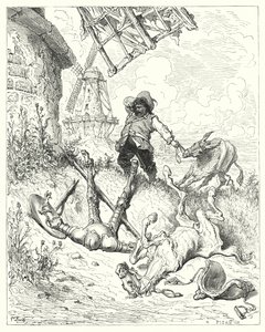 Gustave Doren Don Quijote: "Sancho juoksi niin nopeasti kuin perse pystyi auttamaan isäntänsä" (kaiverrus) tekijältä Gustave Dore