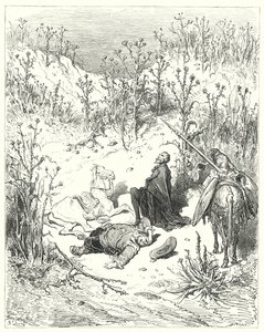 Gustave Doren Don Quijote: "Nuku, Sancho", huusi Don Quijote: "nuku, sillä sinä synnyit nukkumaan" (kaiverrus) tekijältä Gustave Dore