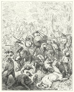Gustave Doren Don Quijote: "Yanguesilaiset tarttuivat vipuihinsa ja keulapuikkoihinsa" (kaiverrus) tekijältä Gustave Dore