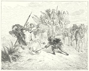 Gustave Doren Don Quijote: "Näytelmän hölmö tuli räyhäämään morrice-kelloillaan" (kaiverrus) tekijältä Gustave Dore