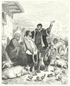 Gustave Doren Don Quijote: "Ritari antoi hänelle niin monta oikeudenmukaista lupausta, että vihdoin typerä klovni suostui lähtemään hänen kanssaan ja ryhtymään hänen orjaansa" (kaiverrus) tekijältä Gustave Dore