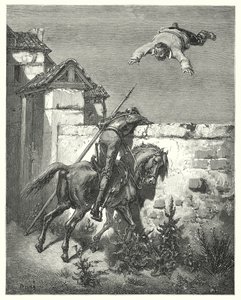 Gustave Doren Don Quijote: "Mitä enemmän hän myrskytti, sitä enemmän he heittelivät ja nauroivat" (kaiverrus) tekijältä Gustave Dore